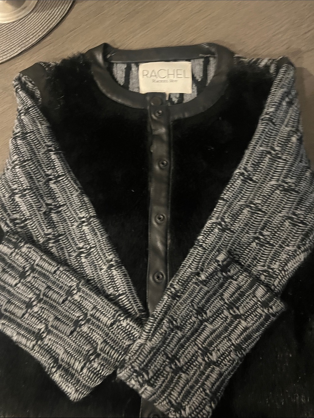 Rachel Roy size XS Black Faux Fur Front Jacket with Gray Knit Sleeves